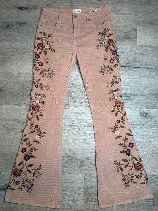 DRIFTWOOD Pants - Driftwood Farrah Cord Floral Embroidered Flare Pants Pink Size 28